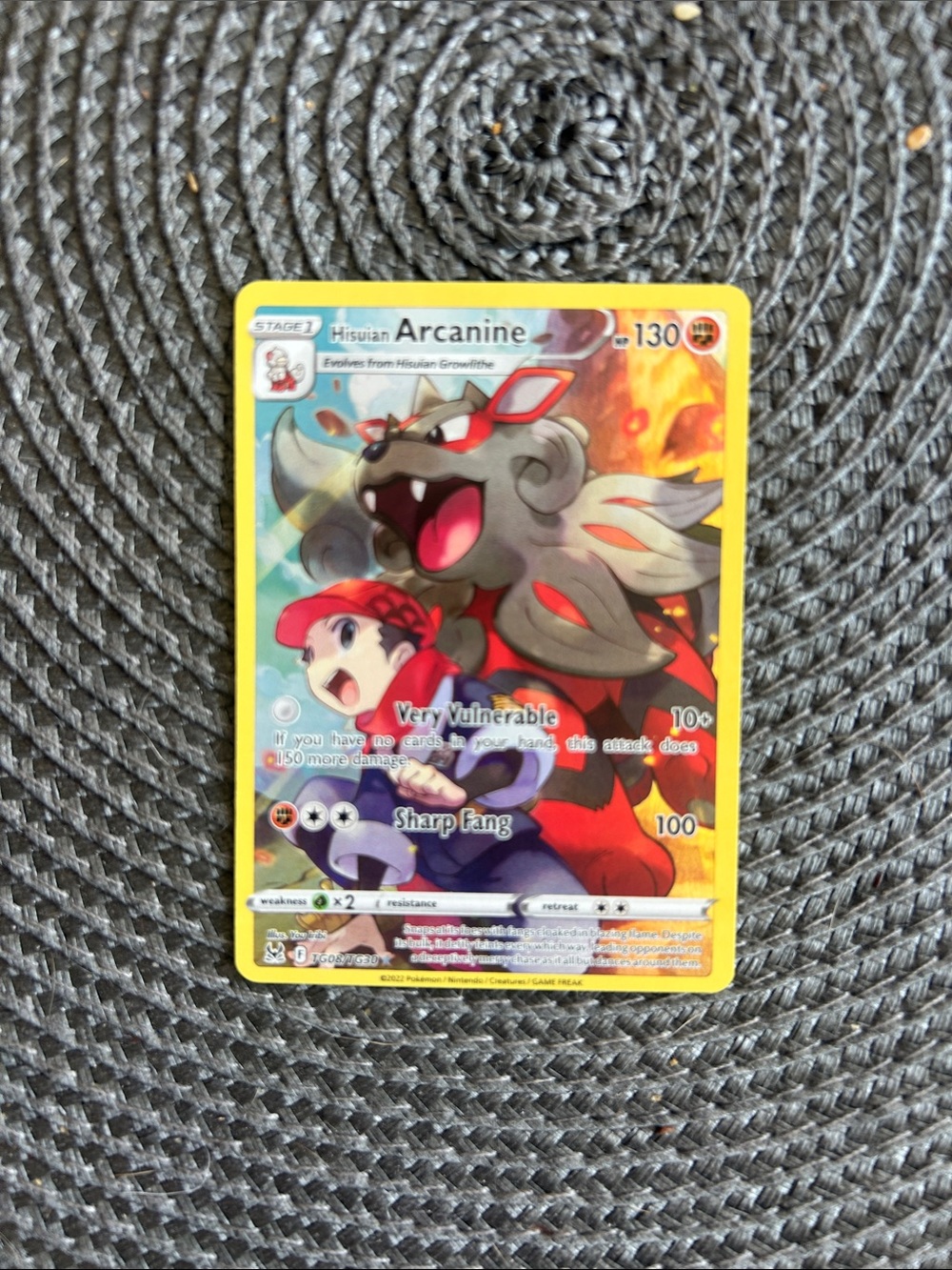 Pokemon Yellow Border Hisuian Arcanine Trading Card with Red and Gray Artwork